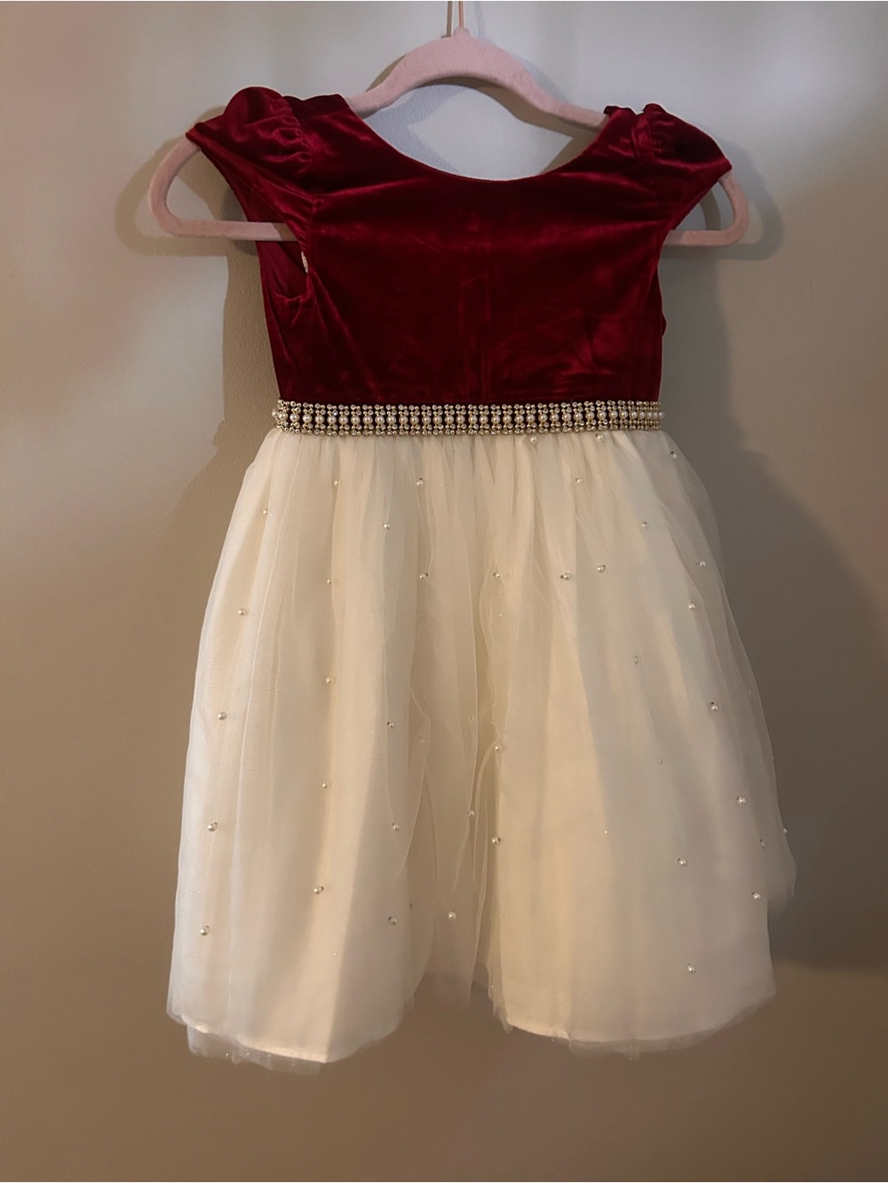 Velvet & Tulle Pearl Waist Girls Dress - Burgundy and Ivory size 6x